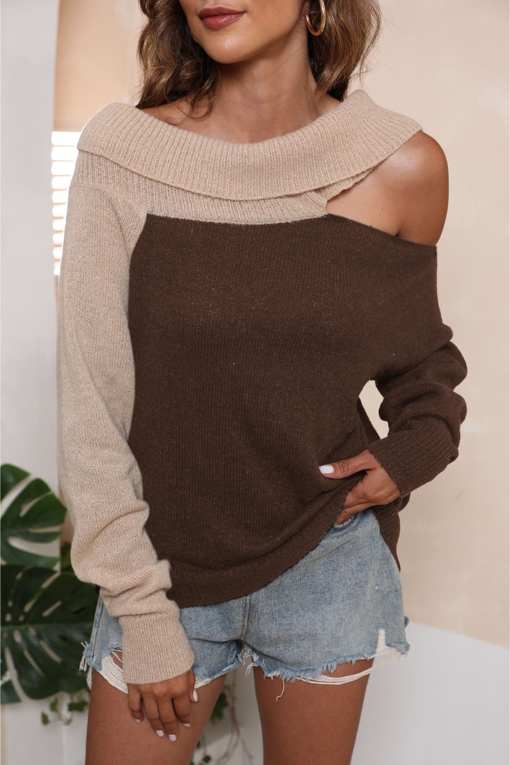 Asymmetrical Long Sleeve Two-Tone Cutout Sweater - Body By J'ne