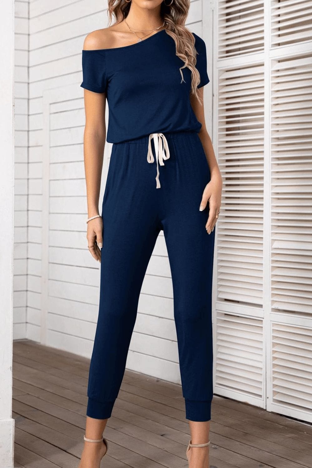 Asymmetrical Neck Short Sleeve Jumpsuit - Body By J'ne