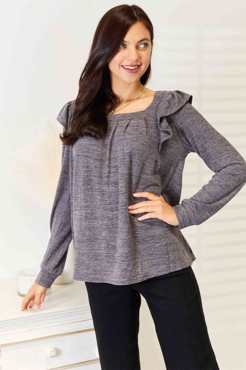 Square Neck Ruffle Shoulder Long Sleeve T-Shirt - Body By J'ne