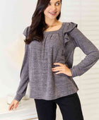 Square Neck Ruffle Shoulder Long Sleeve T-Shirt - Body By J'ne