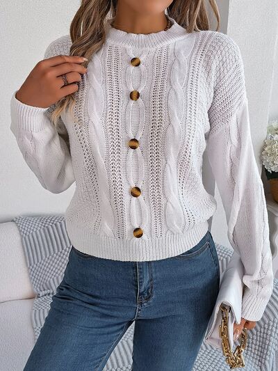 Cable-Knit Buttoned Round Neck Sweater - Body By J'ne