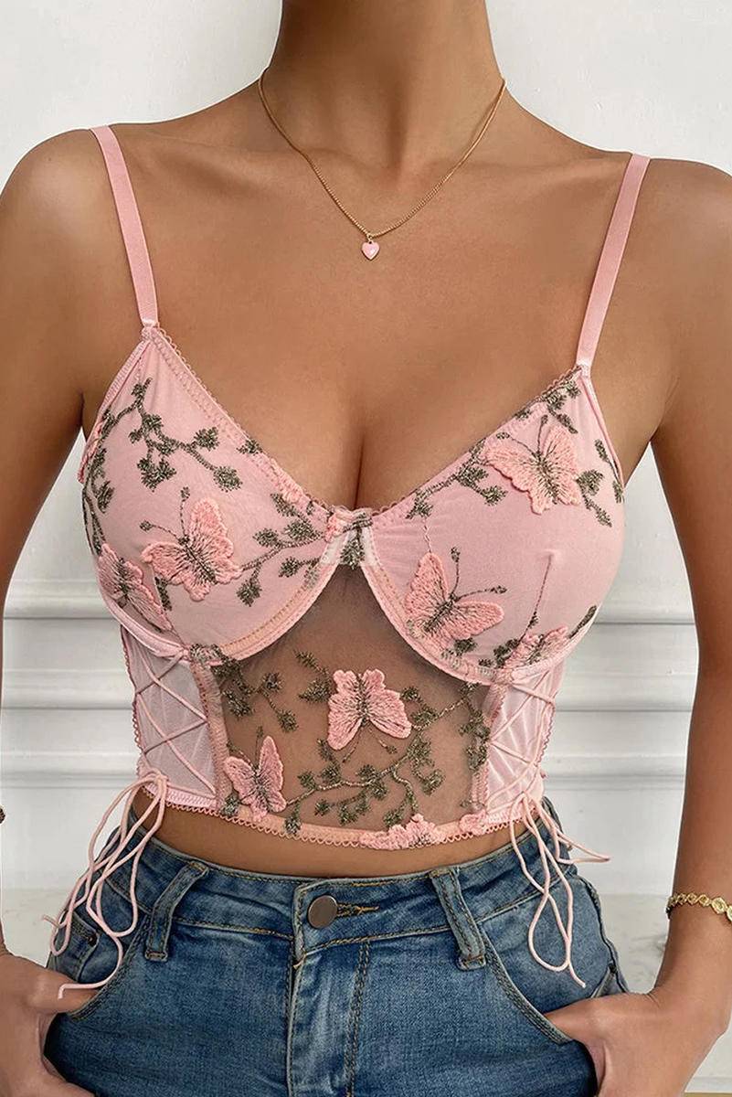 Embroidered Butterfly Side Tie Mesh Bustier Bralette - Body By J'ne