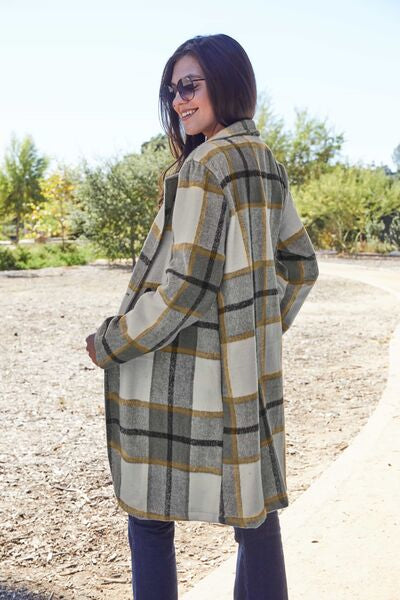 Full Size Plaid Button Up Lapel Collar Coat - Body By J'ne