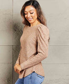 Double Take Round Neck Puff Sleeve Ribbed Top - Body By J'ne