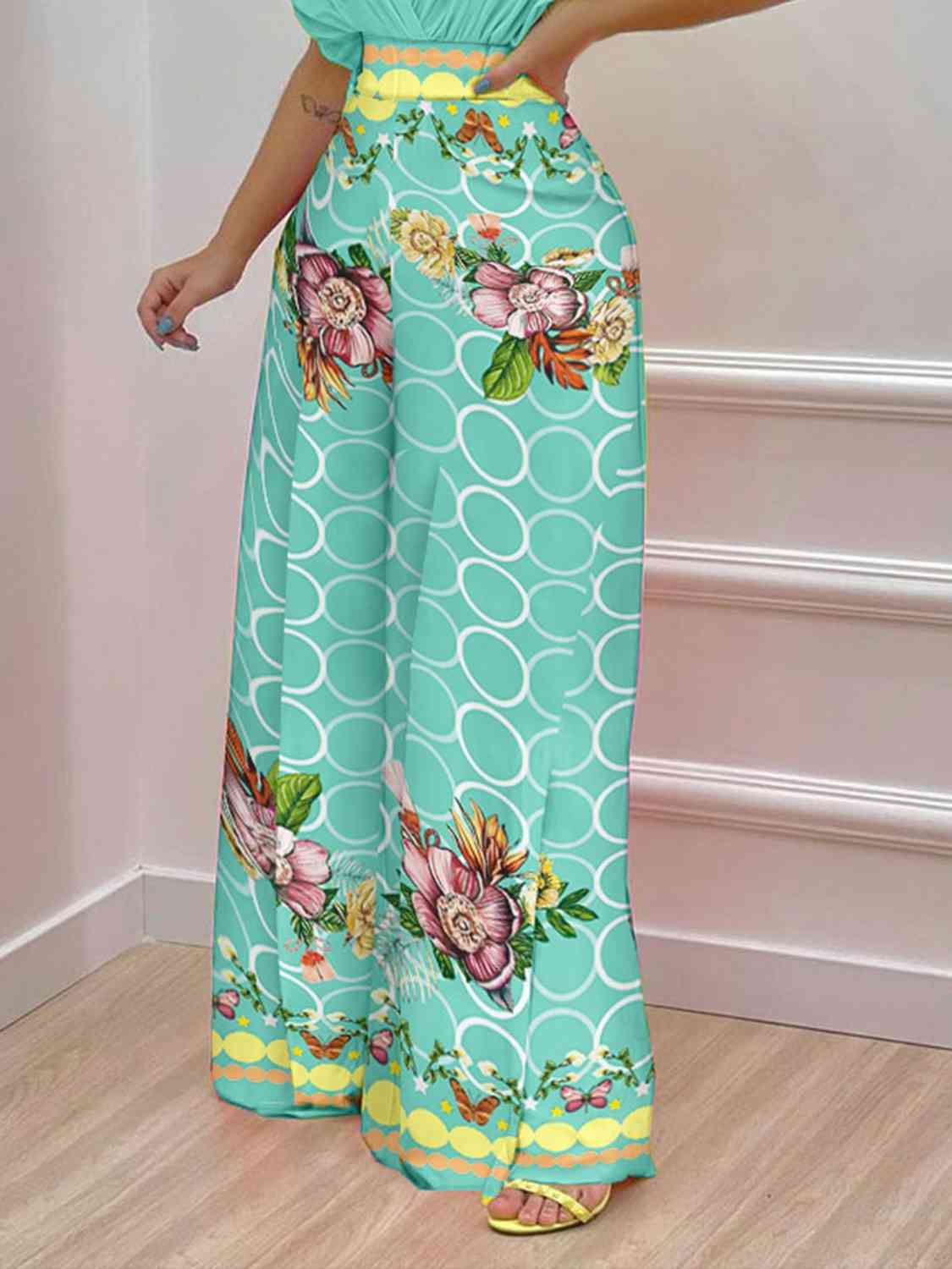 Printed Surplice Top and Wide Leg Pants Set - Body By J'ne