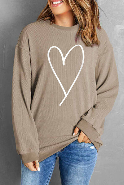 Heart Round Neck Dropped Shoulder Sweatshirt - Body By J'ne