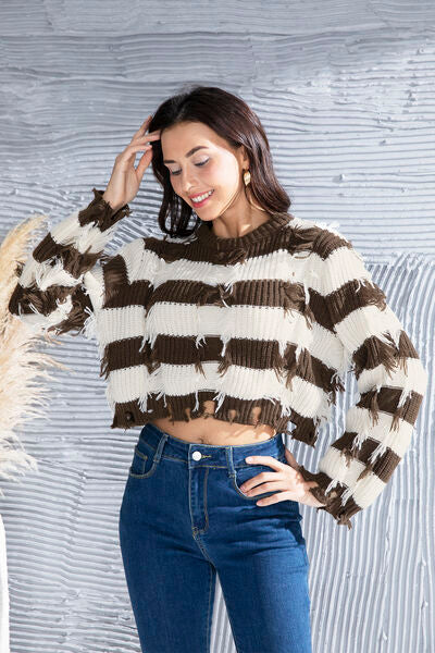 Striped Fringe Round Neck Sweater - Body By J'ne