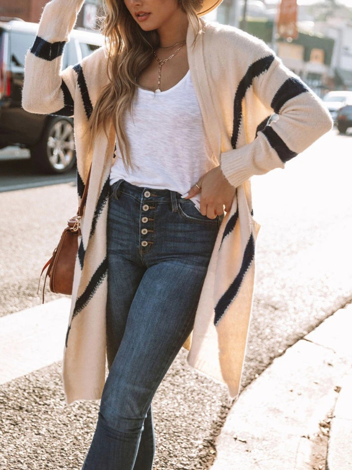 Contrast Open Front Cardigan with Pockets - Body By J'ne