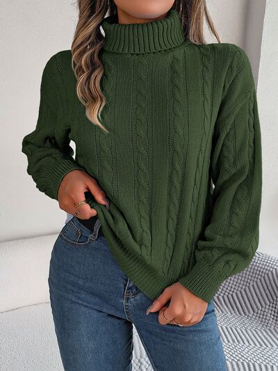 Cable-Knit Turtleneck Dropped Shoulder Sweater - Body By J'ne