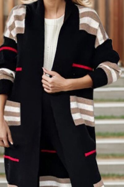 Striped Open Front Long Sleeve Longline Sweater Cardigan - Body By J'ne