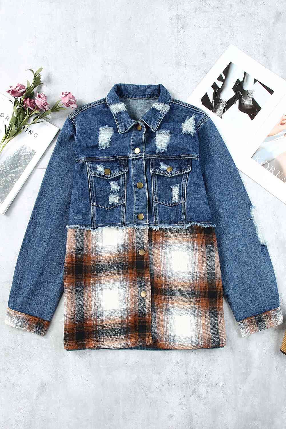 Plaid Distressed Raw Hem Snap Down Denim Jacket - Body By J'ne