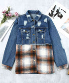 Plaid Distressed Raw Hem Snap Down Denim Jacket - Body By J'ne