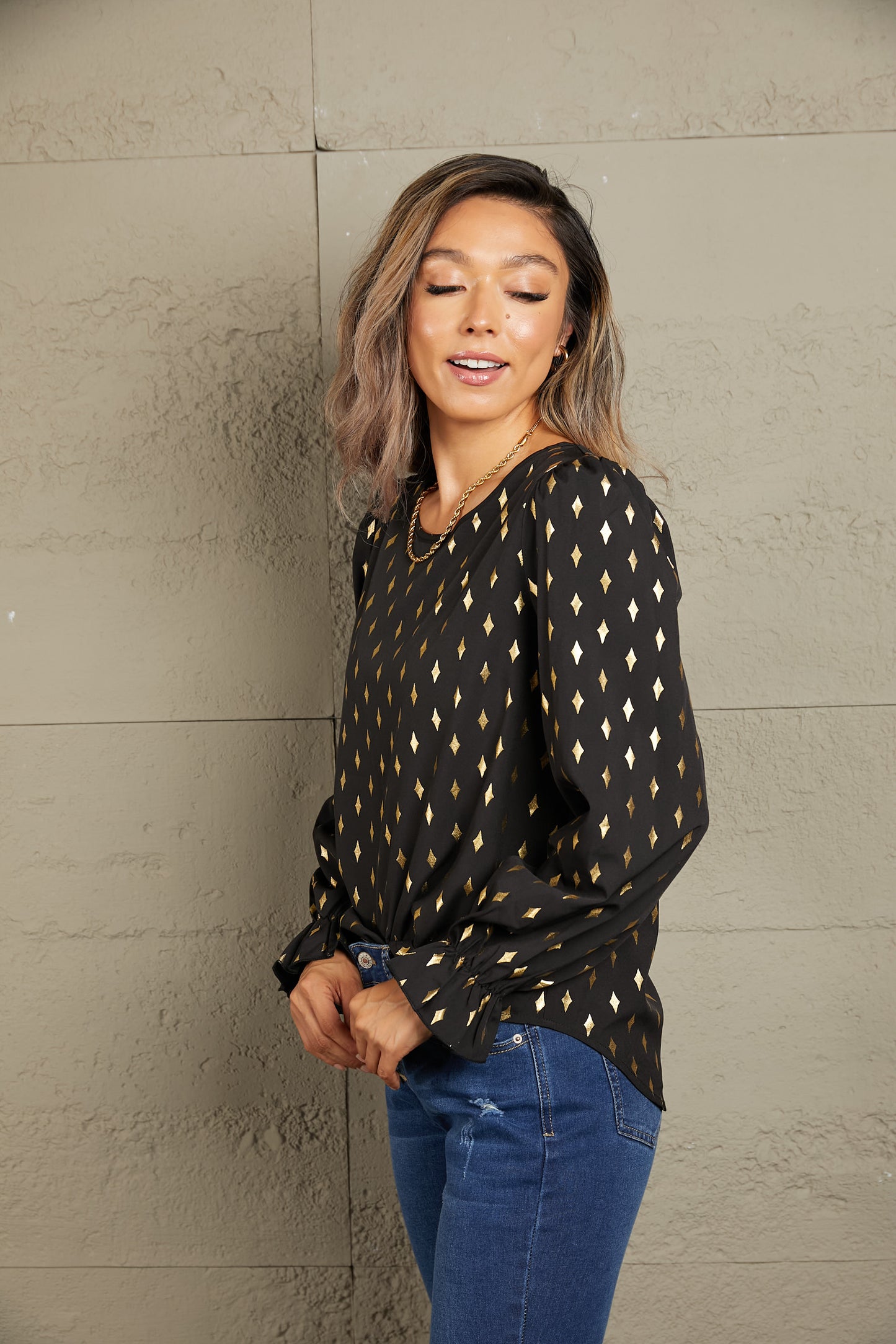 Printed Round Neck Flounce Sleeve Blouse - Body By J'ne