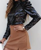 Sequin Mock Neck Leg-Of-Mutton Sleeve Top - Body By J'ne