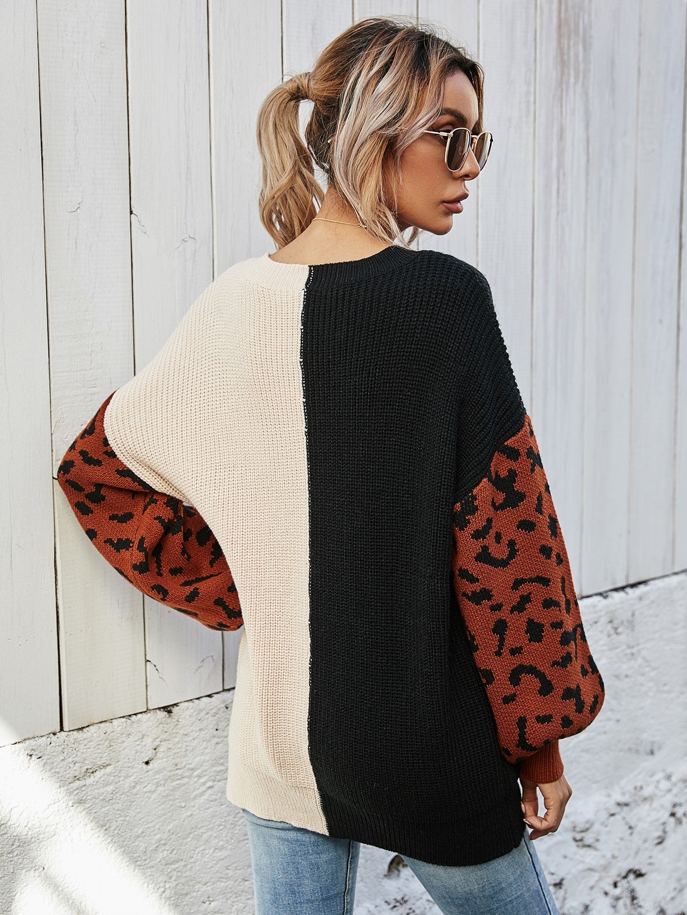 Leopard Color Block V-Neck Tunic Pullover Sweater - Body By J'ne