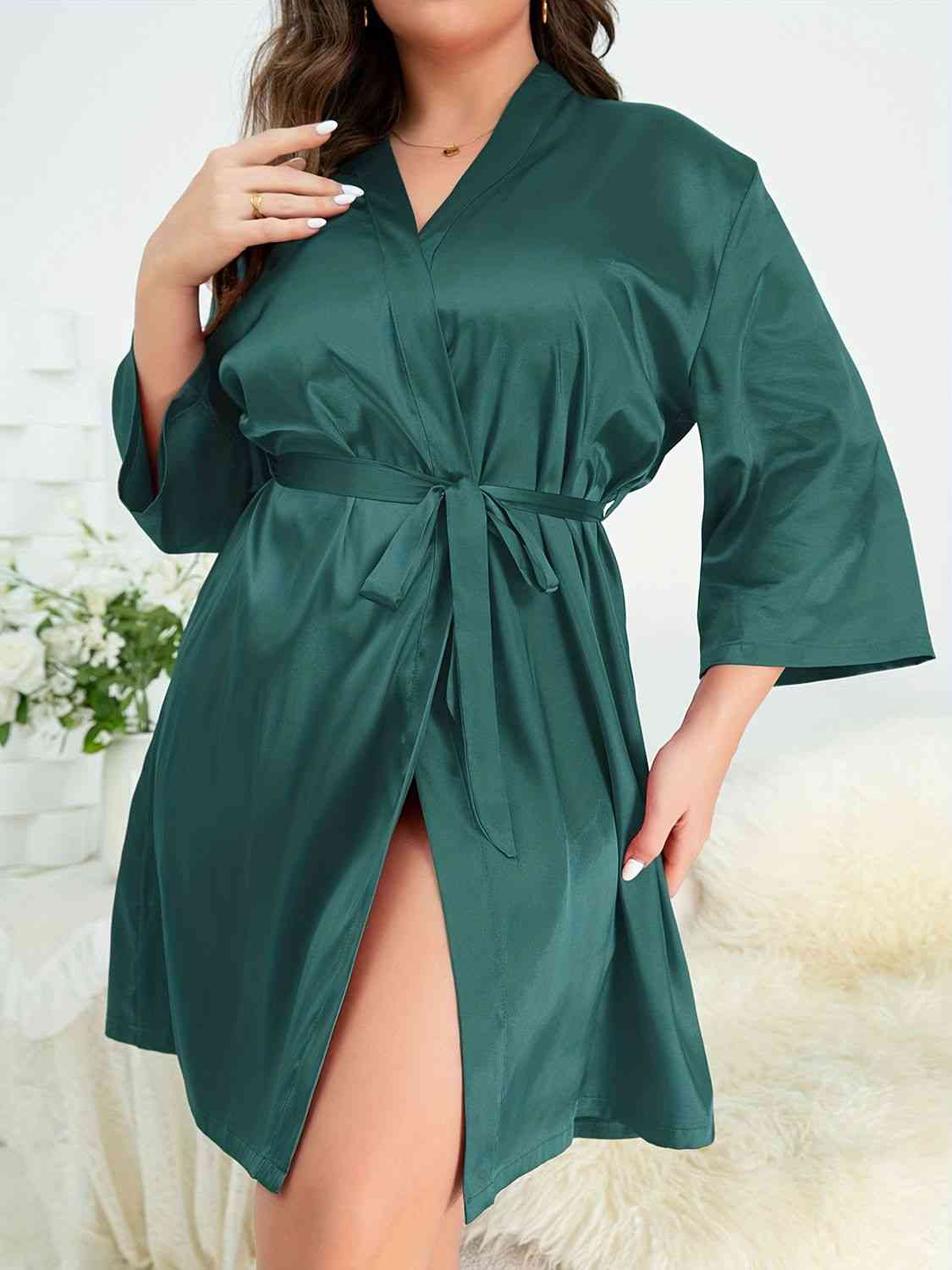 Plus Size Surplice Neck Tie Waist Robe - Body By J'ne