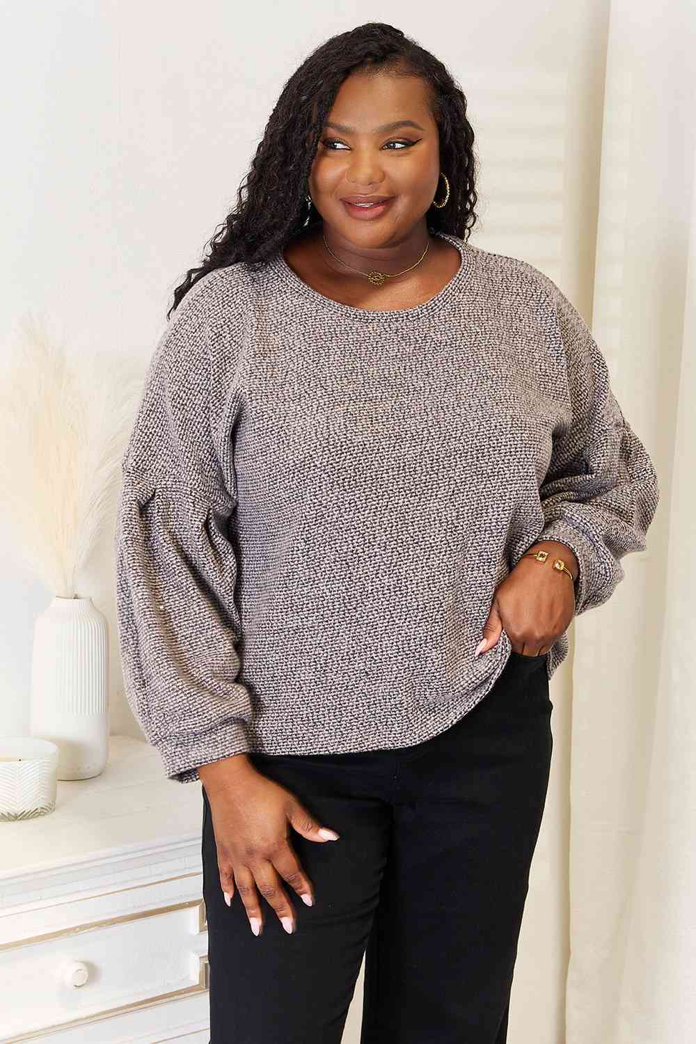 Full Size Boat Neck Glitter Long Sleeve Top - Body By J'ne