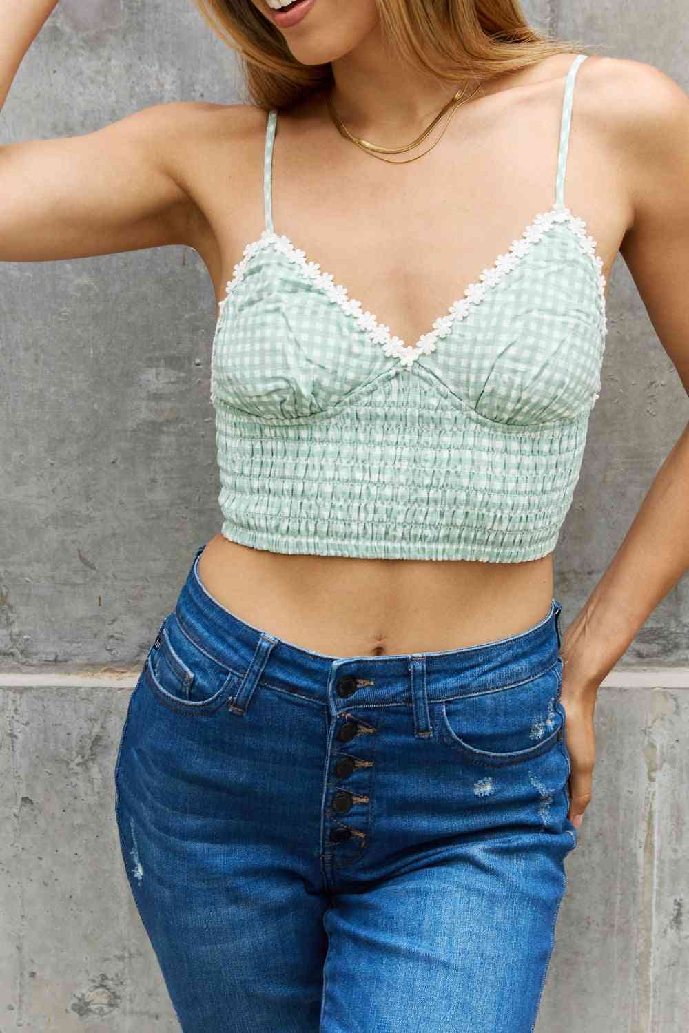 Leto Gingham Daisy Trim Smocked Bustier in Sage - Body By J'ne