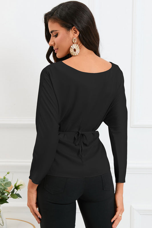 Boat Neck Back Tie Long Sleeve Satin Blouse - Body By J'ne