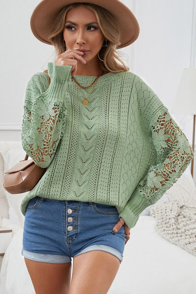 Openwork Lantern Sleeve Dropped Shoulder Sweater - Body By J'ne