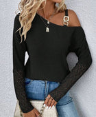 Lace Detail Asymmetrical Neck Long Sleeve T-Shirt - Body By J'ne