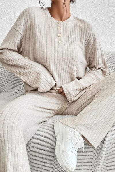 Ribbed Half Button Knit Top and Pants Set - Body By J'ne