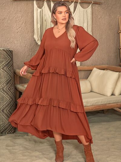 Plus Size Ruffled V-Neck Balloon Sleeve Dress - Body By J'ne