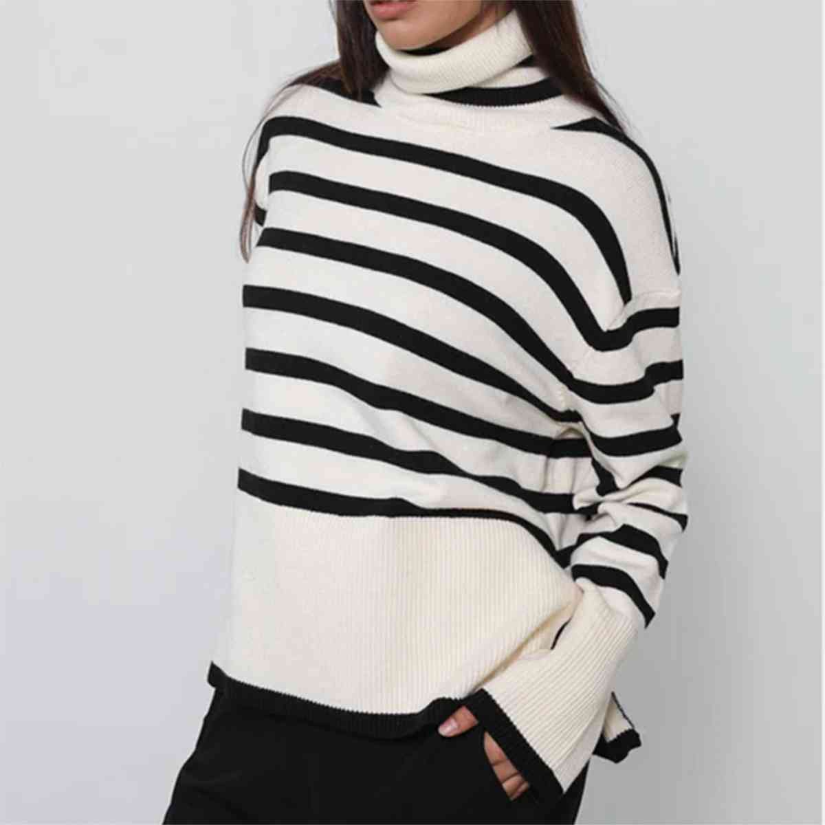 Striped Turtleneck Flare Sleeve Sweater - Body By J'ne