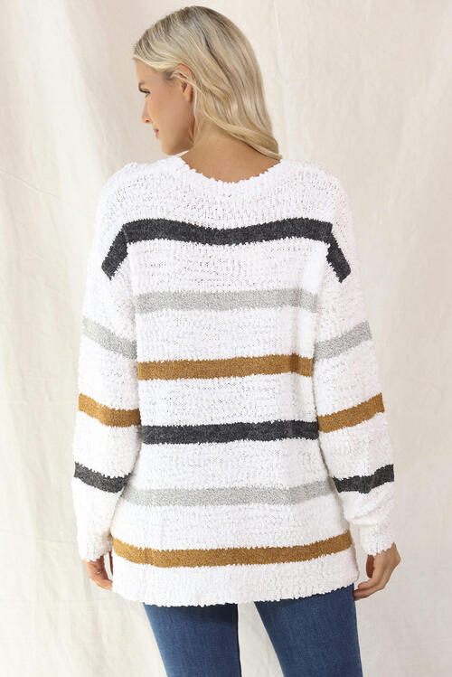 Striped Round Neck Long Sleeve Sweater - Body By J'ne
