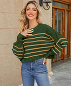 Round Neck Striped Lantern Sleeve Sweater - Body By J'ne