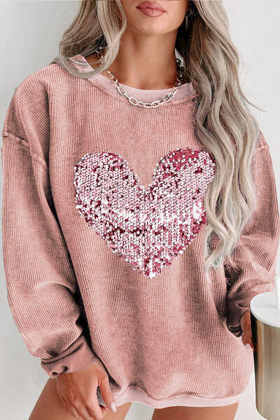 Plus Size Heart Sequin Round Neck Sweatshirt - Body By J'ne