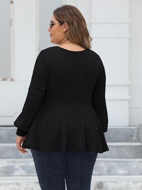 Plus Size Ribbed V-Neck Long Sleeve Blouse - Body By J'ne