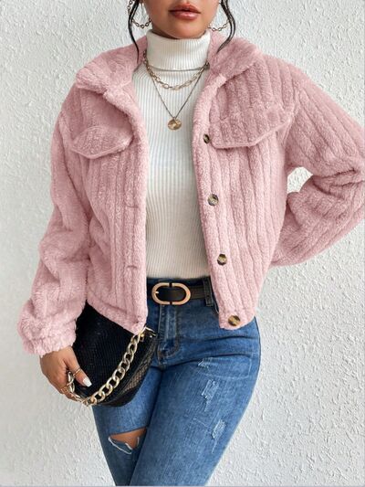 Fuzzy Button Up Collared Neck Jacket - Body By J'ne