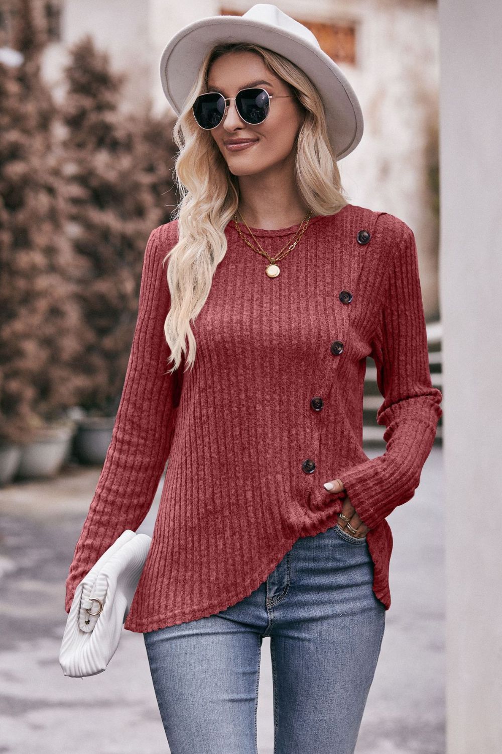 Double Take Ribbed Round Neck Buttoned Long Sleeve Tee - Body By J'ne