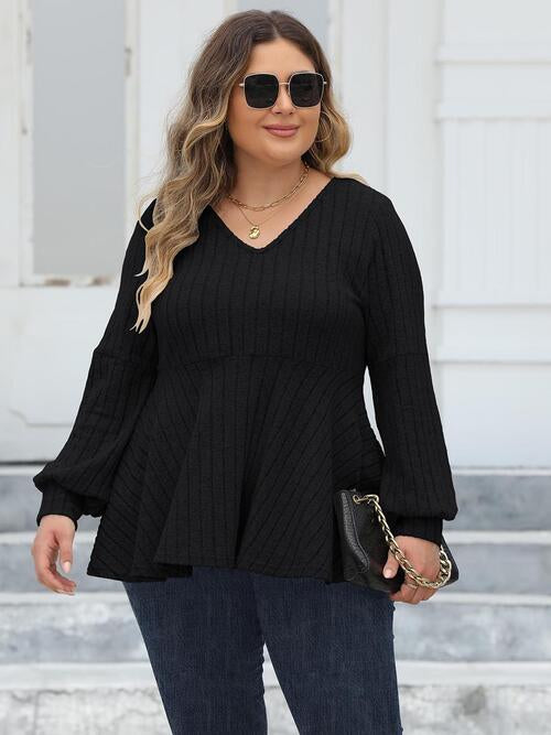 Plus Size Ribbed V-Neck Long Sleeve Blouse - Body By J'ne