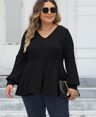 Plus Size Ribbed V-Neck Long Sleeve Blouse - Body By J'ne