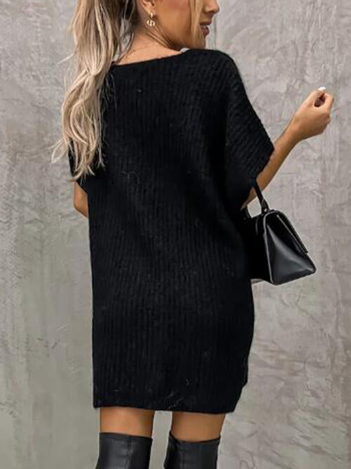 V-Neck Short Sleeve Sweater with Pockets - Body By J'ne