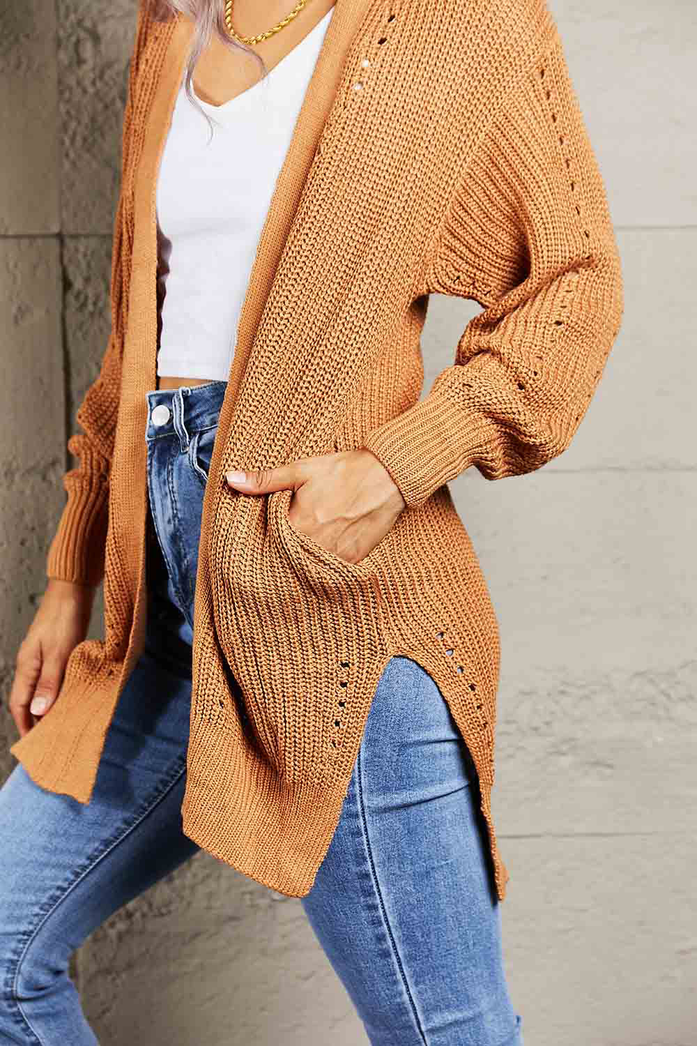 Openwork Rib-Knit Slit Cardigan - Body By J'ne