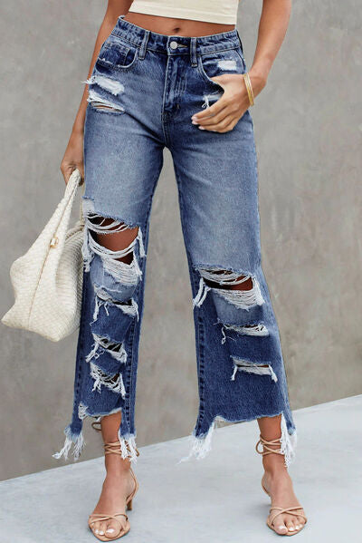 Distressed Raw Hem Jeans with Pockets - Body By J'ne