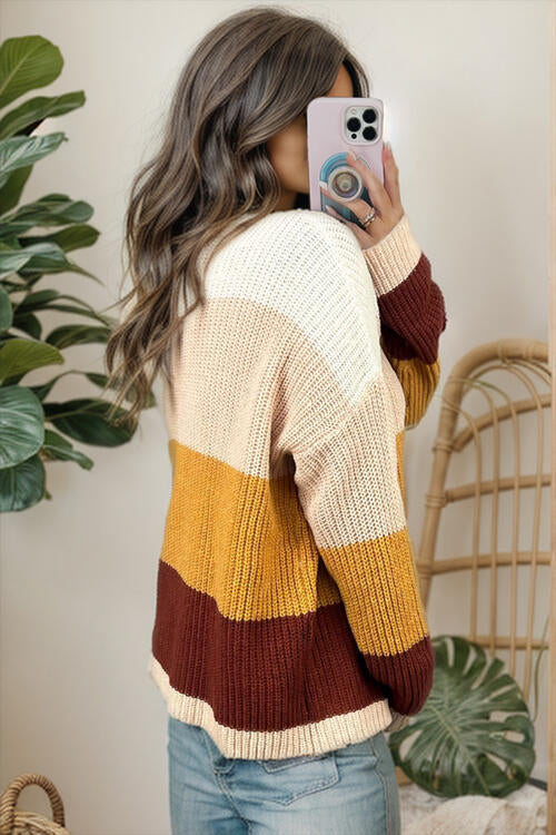 Color Block Round Neck Long Sleeve Sweater - Body By J'ne