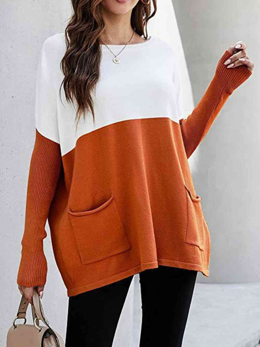 Two Tone Pullover Sweater with Pockets - Body By J'ne