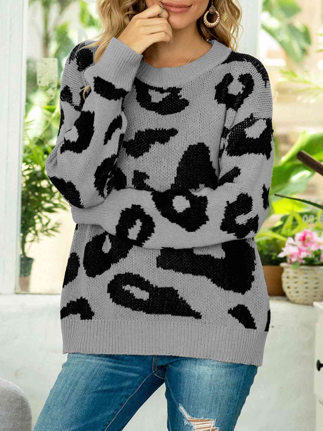 Drop Shoulder Leopard Pullover Sweater - Body By J'ne