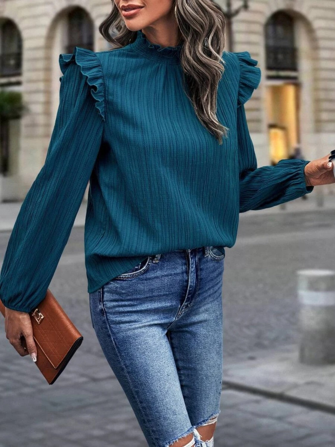 Mock Neck Ruffle Shoulder Blouse - Body By J'ne