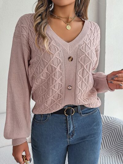 Cable-Knit V-Neck Lantern Sleeve Sweater - Body By J'ne
