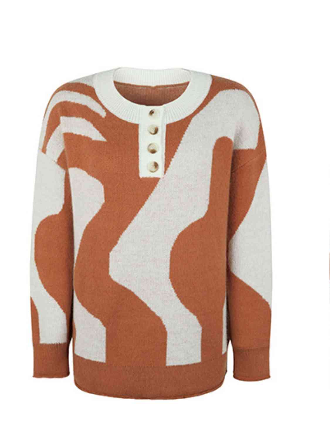 Buttoned Round Neck Drop Shoulder Sweater - Body By J'ne