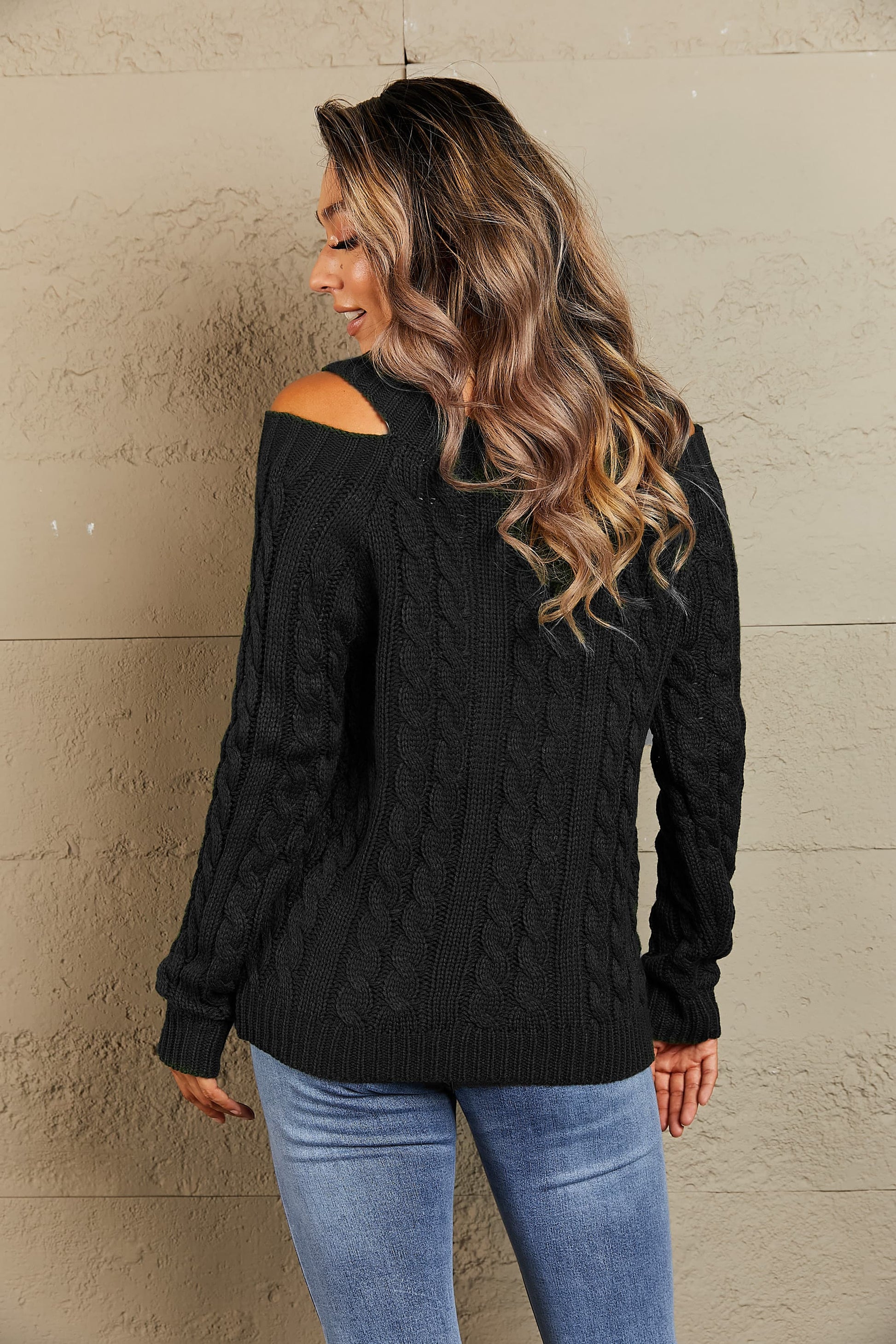 Cable-Knit Cold-Shoulder Long Sleeve Sweater - Body By J'ne