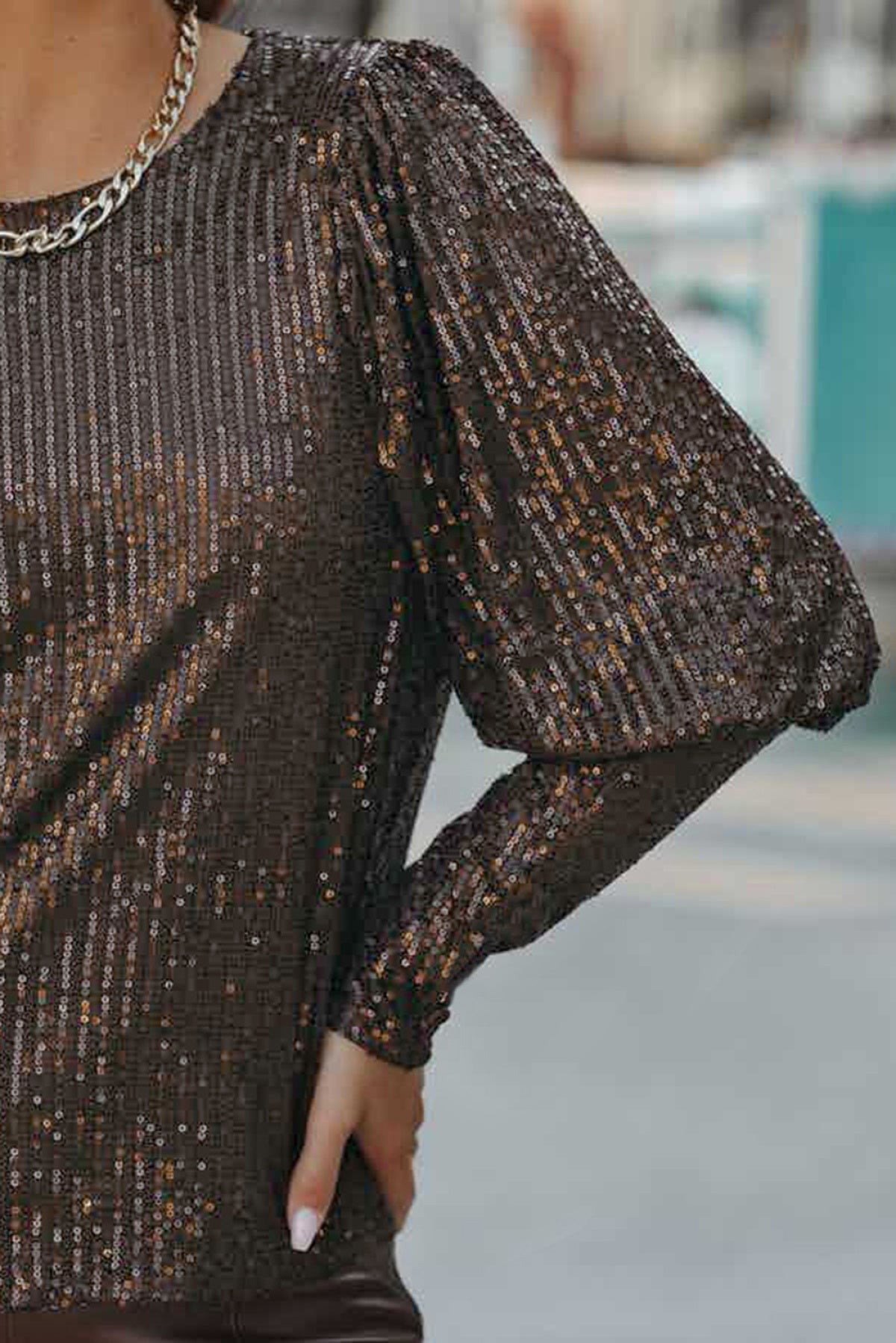 Brown Cuffed Sequin Top - Body By J'ne