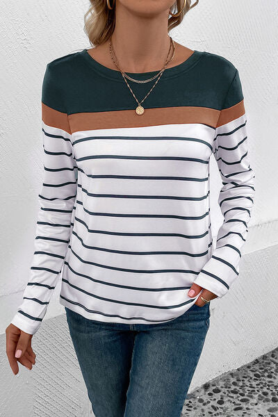 Striped Round Neck Long Sleeve T-Shirt - Body By J'ne