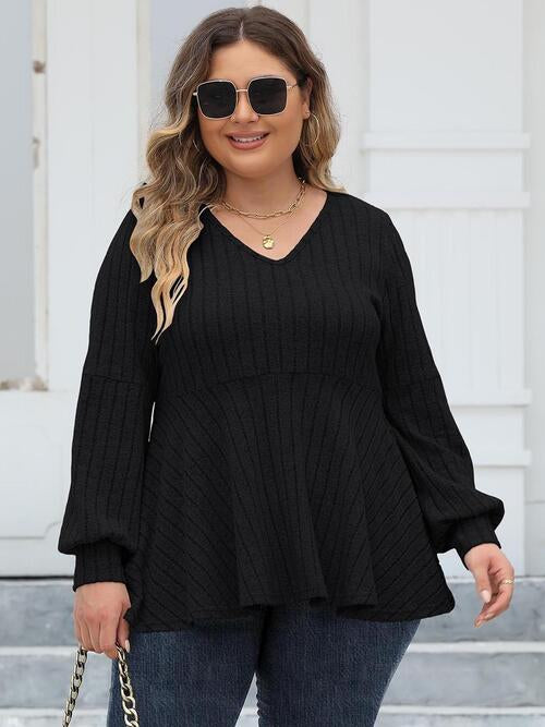 Plus Size Ribbed V-Neck Long Sleeve Blouse - Body By J'ne