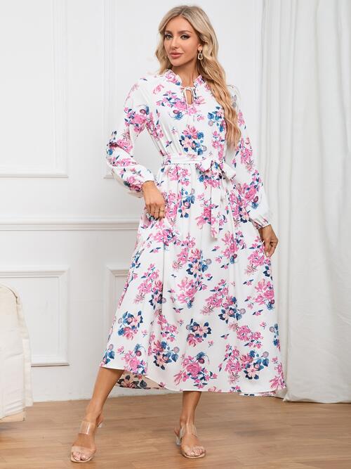 Floral Tie Front Balloon Sleeve Dress - Body By J'ne